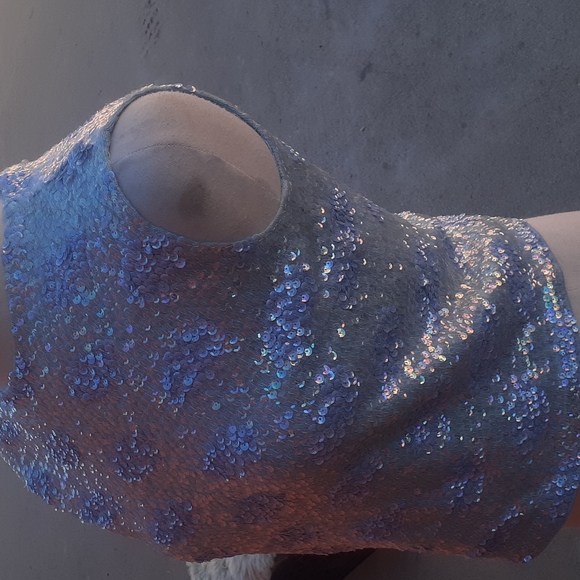 VTG 60s Hand Beaded Blue Sequin Wool Party Evening blouse sleeveless Top S M - Picture 4 of 14